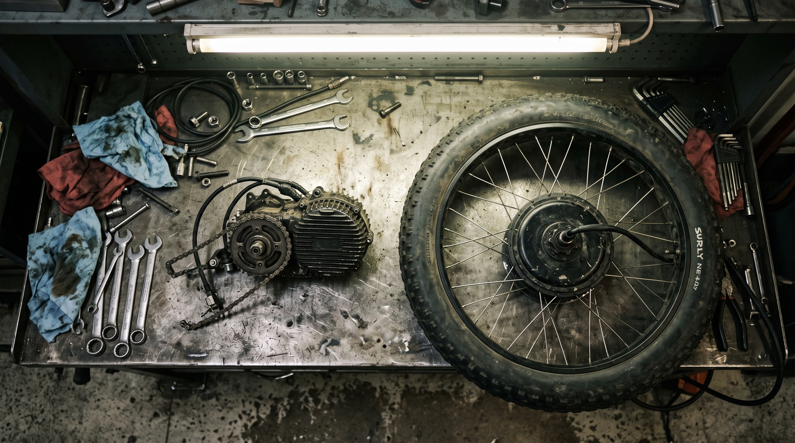 Mid-drive motor and hub-motor wheel side by side on a steel workbench