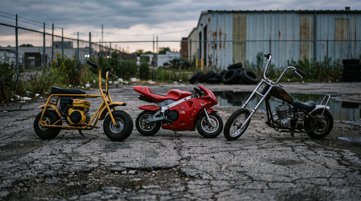 A mini bike, a pocket sportbike and a raked mini chopper parked side by side on asphalt in evening light