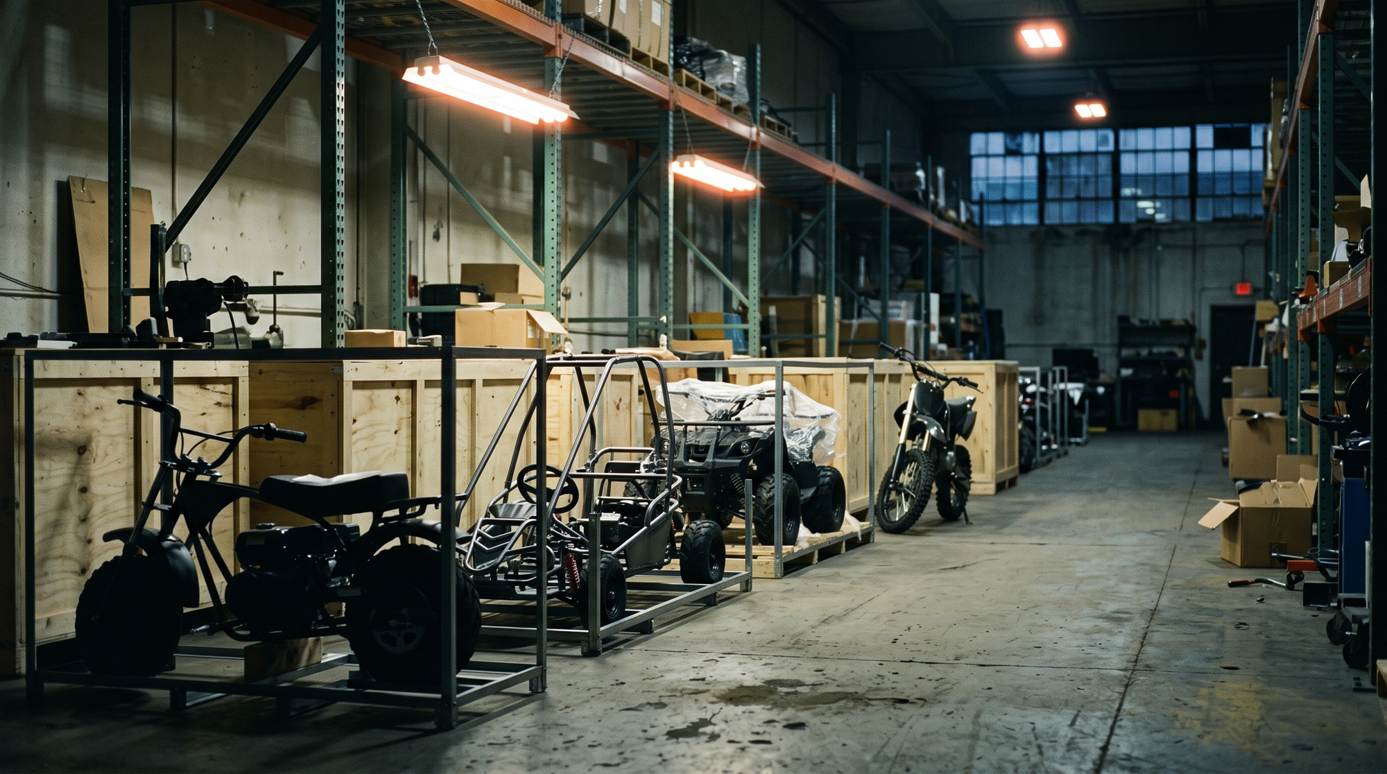 A warehouse aisle at dusk with a crated mini bike, go-kart, ATV and dirt bike under work lights