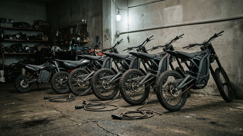 A row of electric dirt bikes of ascending size in a dim garage with charging cables coiled on the floor