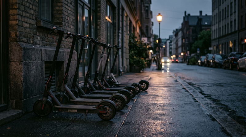 A line of seated electric scooters parked along a wet city street at dusk