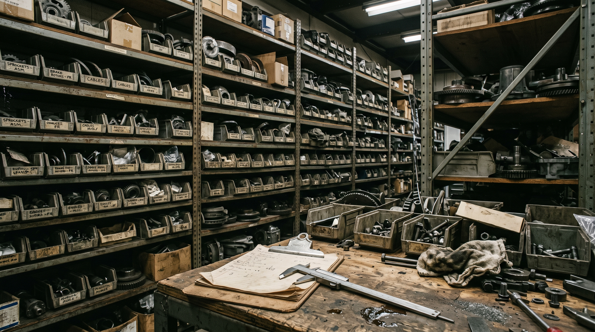 Dense parts shelving in a dim warehouse with bins of sprockets, rotors, cables and plastics