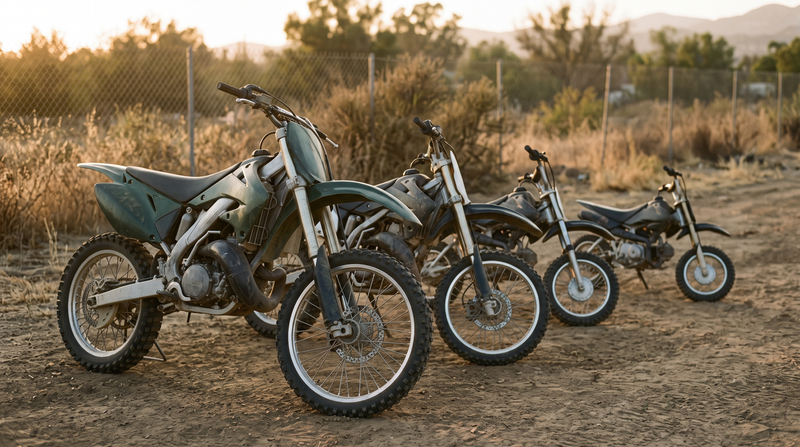 Five gas dirt bikes lined up smallest to largest on hard-packed dirt at golden hour