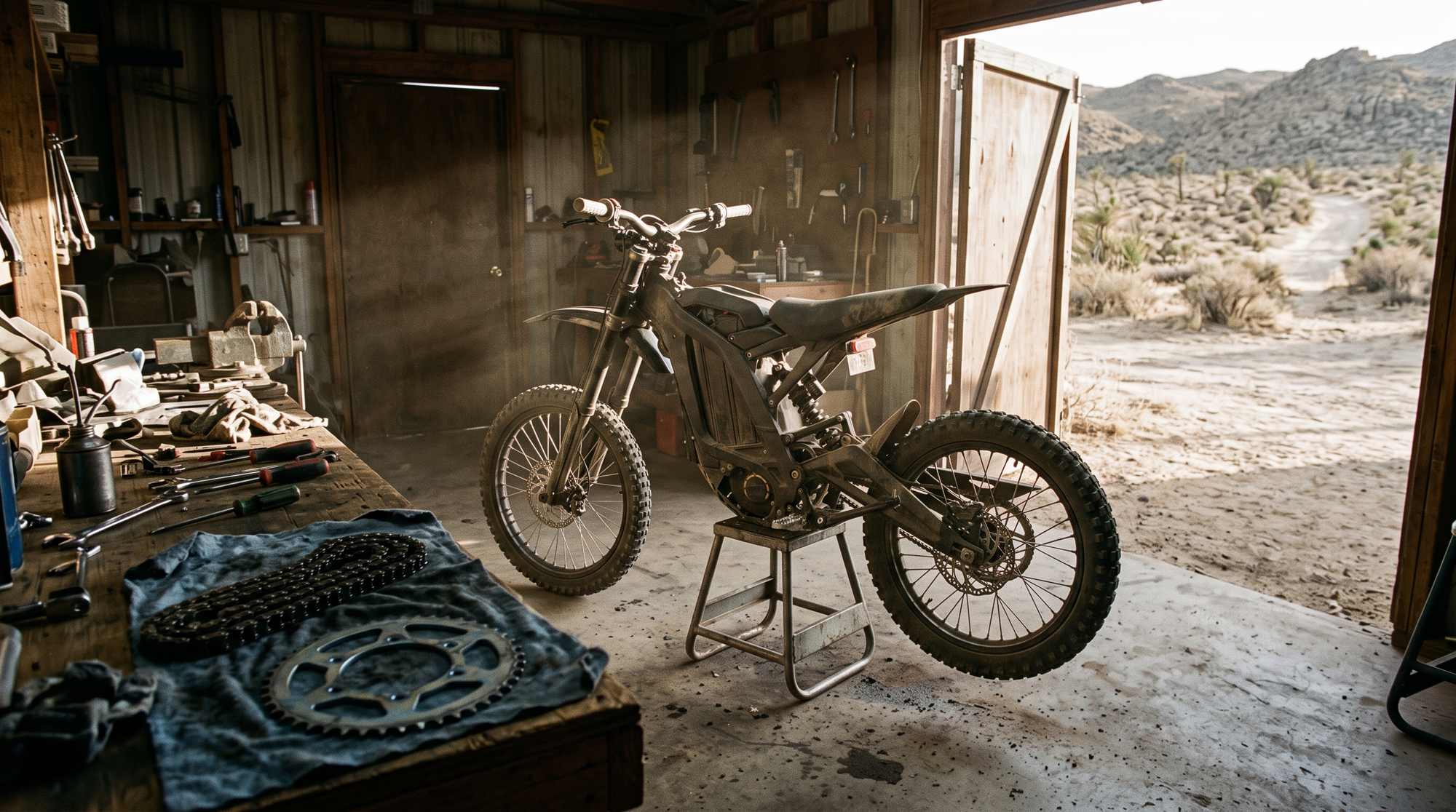 Electric all-terrain dirt bike on a stand in a desert garage with a chain and anodized sprocket on the bench