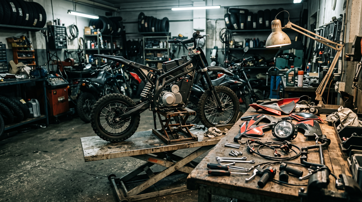 Small electric dirt bike on a lift table with body panels, a headlight and controls on the bench