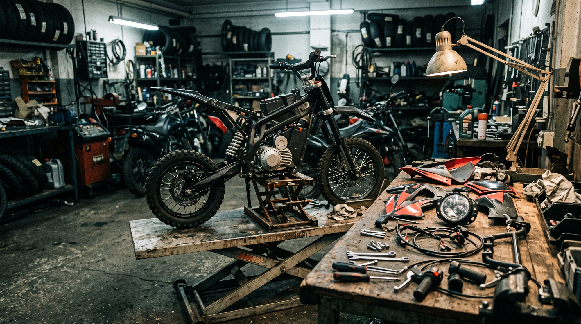 Small electric dirt bike on a lift table with body panels, a headlight and controls on the bench