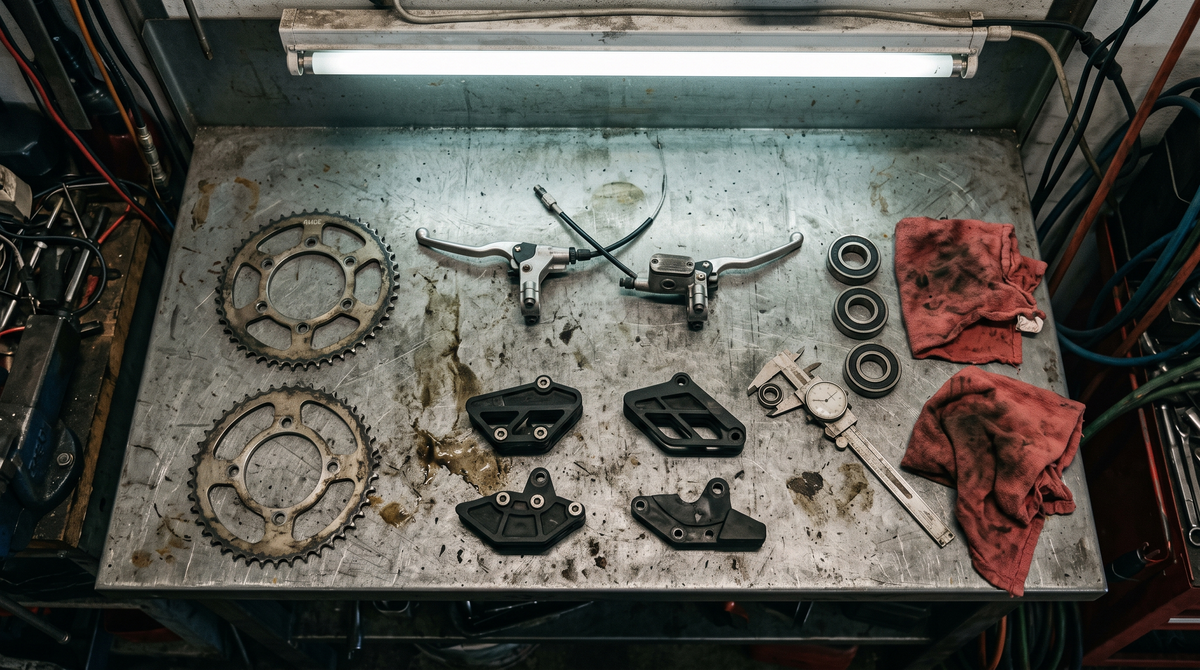 Matching pairs of dirt bike parts laid out for crossover comparison on a workbench