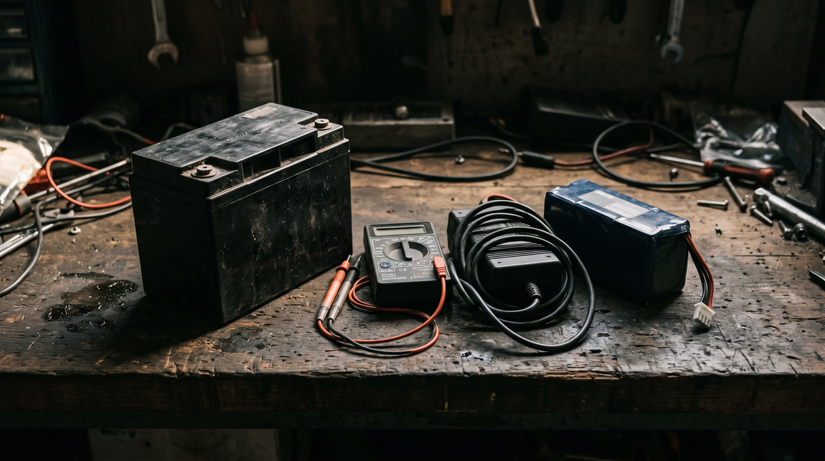 A sealed lead-acid battery brick beside a slim lithium pack, a multimeter and a charger on a dark workbench