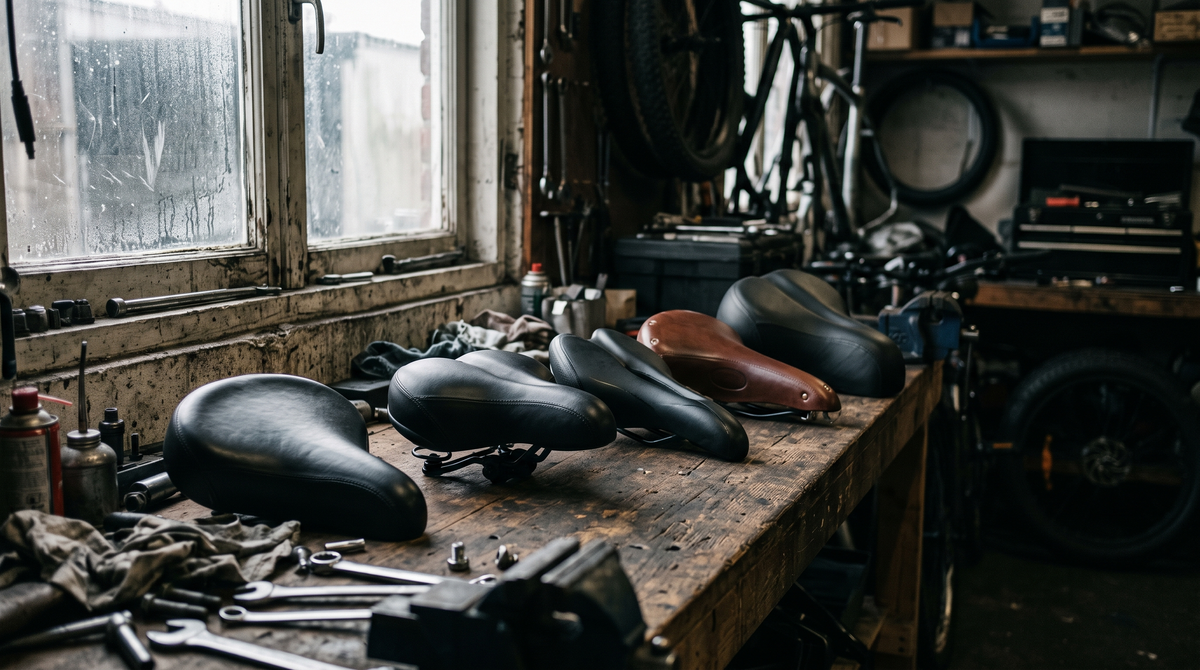 Five commuter e-bike seats of different shapes lined up on a workshop bench under a window