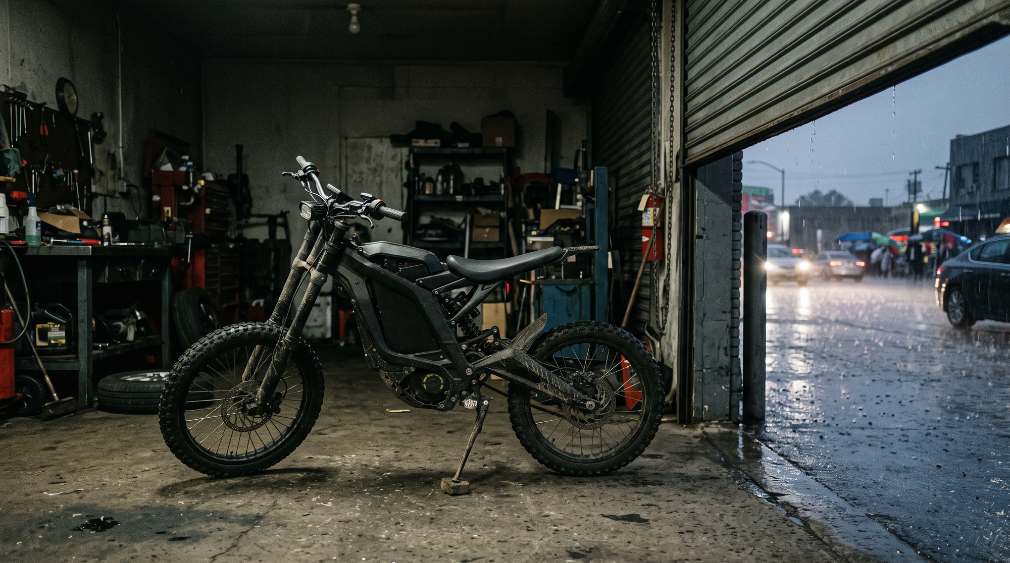 Electric dirt bike alone in a dim garage bay with the door open to a rainy street