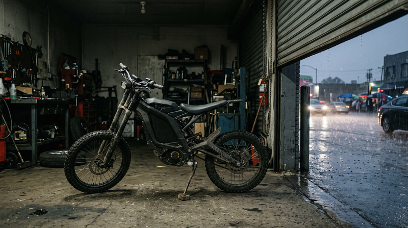 Electric dirt bike alone in a dim garage bay with the door open to a rainy street