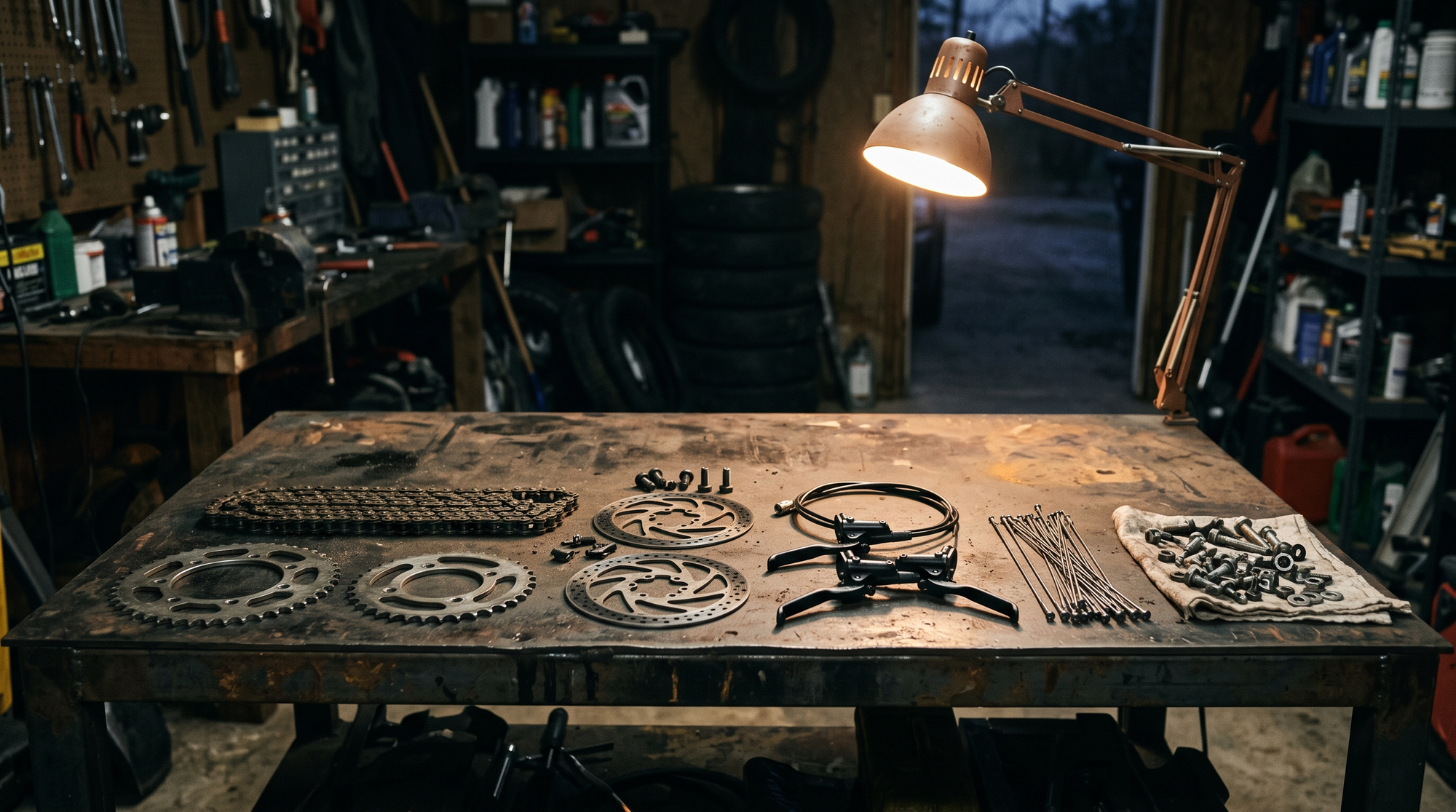 Electric dirt bike parts laid out on a garage workbench: chain, sprockets, rotors and levers
