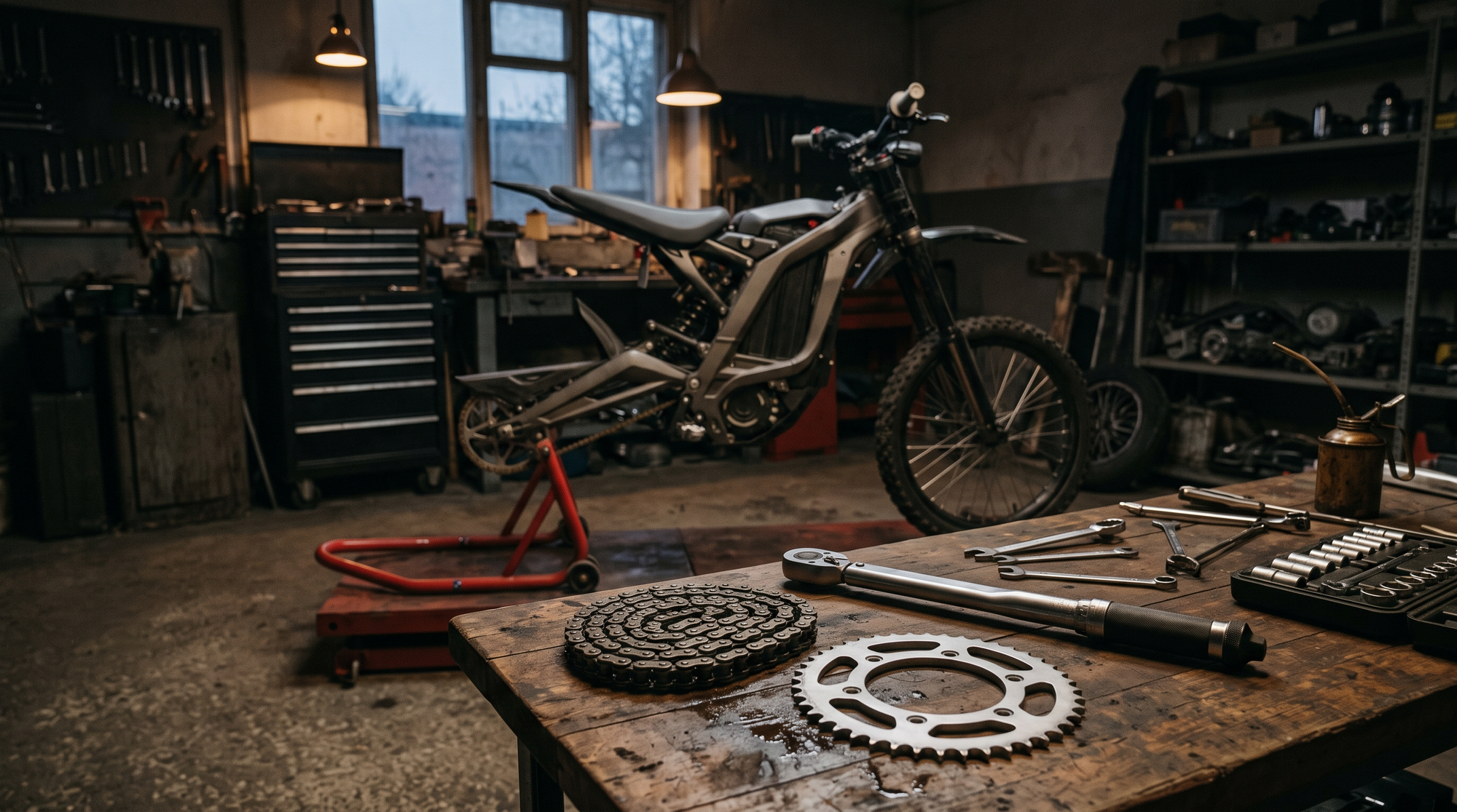Full-size electric dirt bike on a stand with a heavy chain and large rear sprocket on the workbench