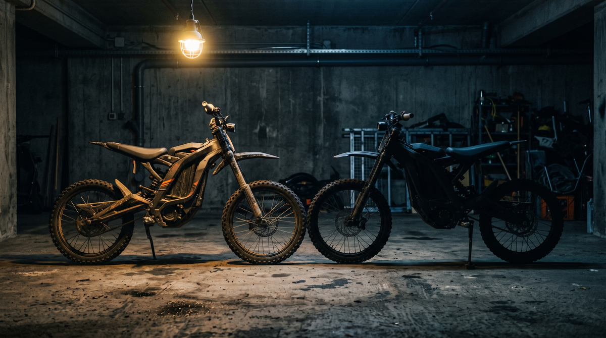 Two electric dirt bike platforms nose to nose in a dark garage
