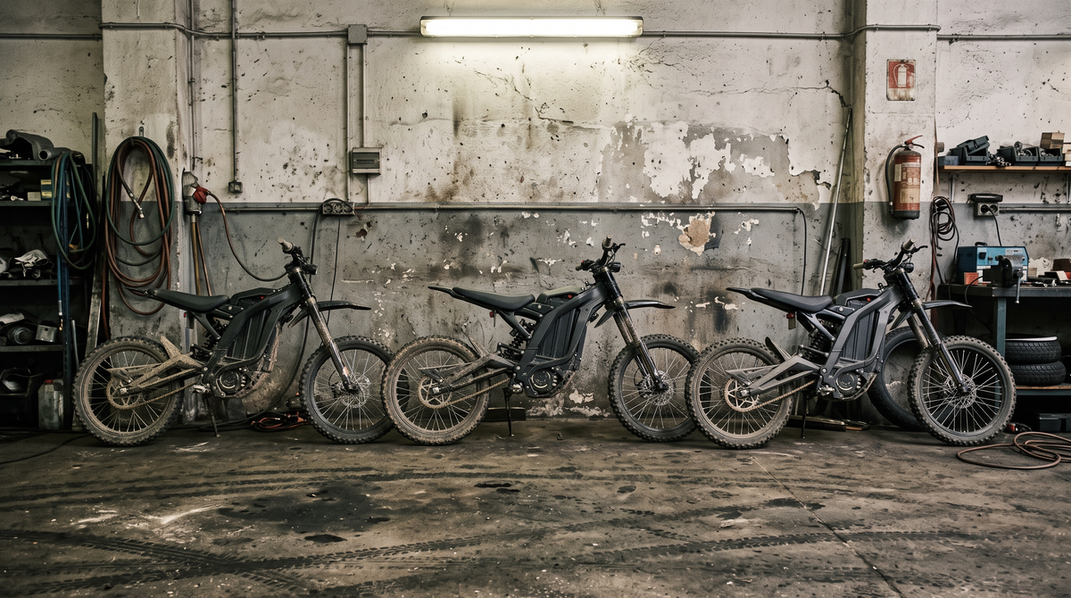 Three generations of electric dirt bikes lined up against a workshop wall