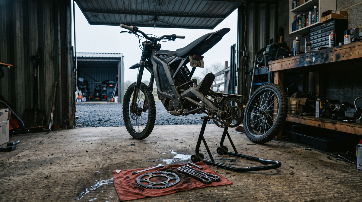 Electric dirt bike on a paddock stand with the rear wheel off and a sprocket and chain on the bench