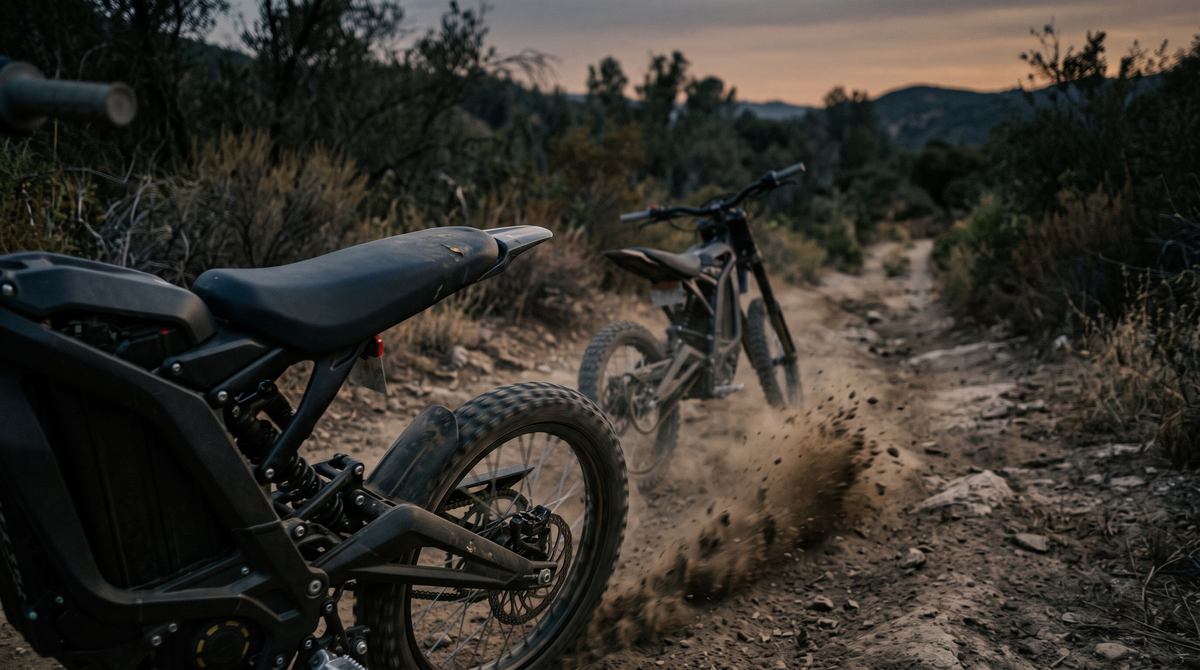 An electric dirt bike accelerating away on a dusty trail at dusk with the worn seat in the foreground