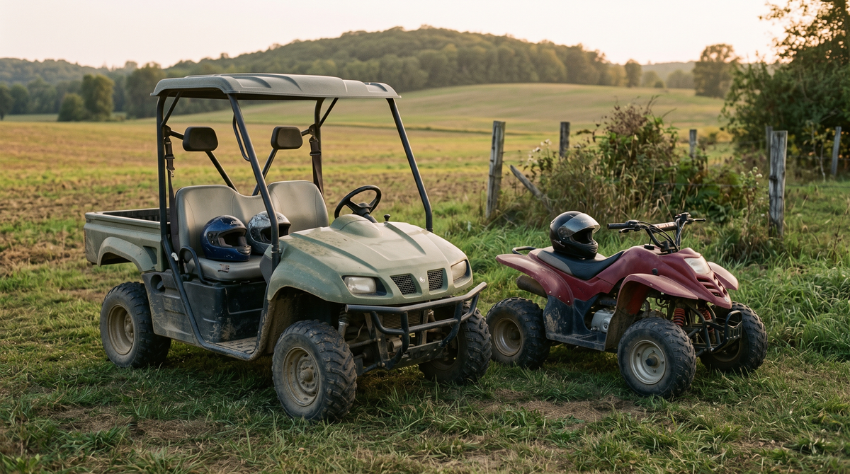 A youth quad and a compact two-seat side-by-side parked at the edge of a grass field at golden hour