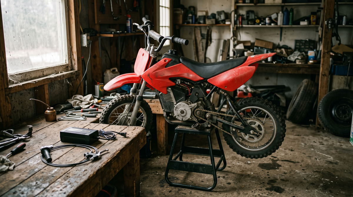 Compact youth electric dirt bike on a stand with fenders, a chain, a lever and a charger on the bench