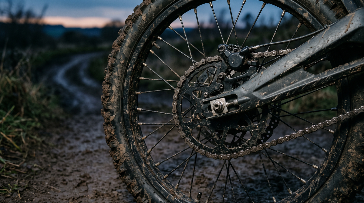Close view of an electric dirt bike rear wheel, chain and brake caliper on a muddy track