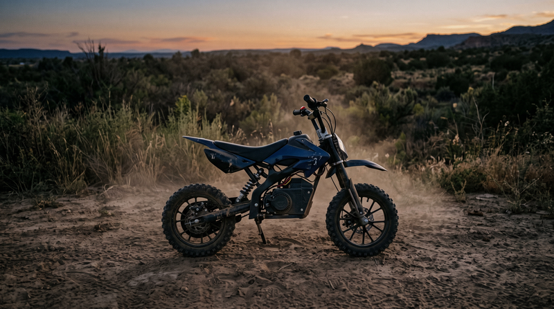 Small electric mini dirt bike parked on packed dirt at dusk