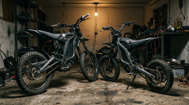 Two compact electric dirt bikes parked nose to nose under a single garage bulb
