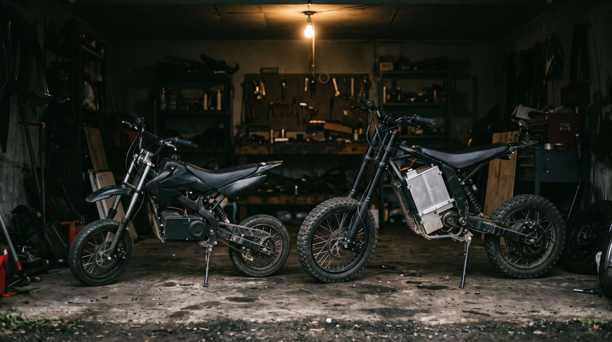Two similar electric minibikes side by side under a single garage bulb