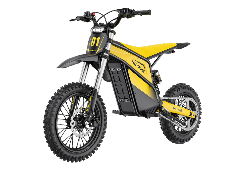Heybike Villain electric dirt bike in Classic yellow, side profile