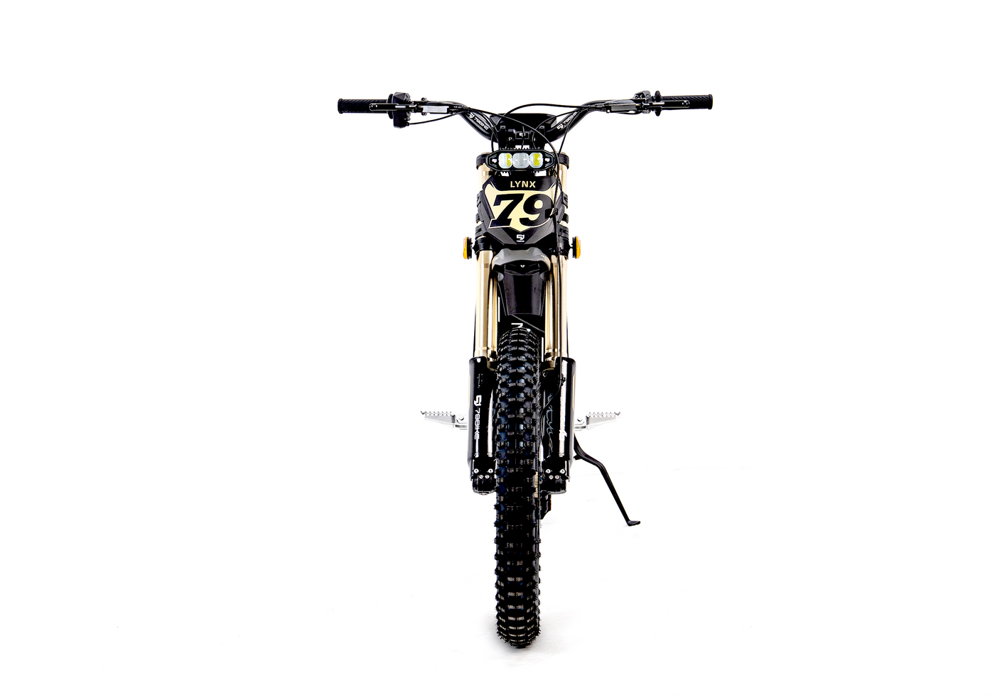 79BIKE Lynx in black and gold, head-on front view