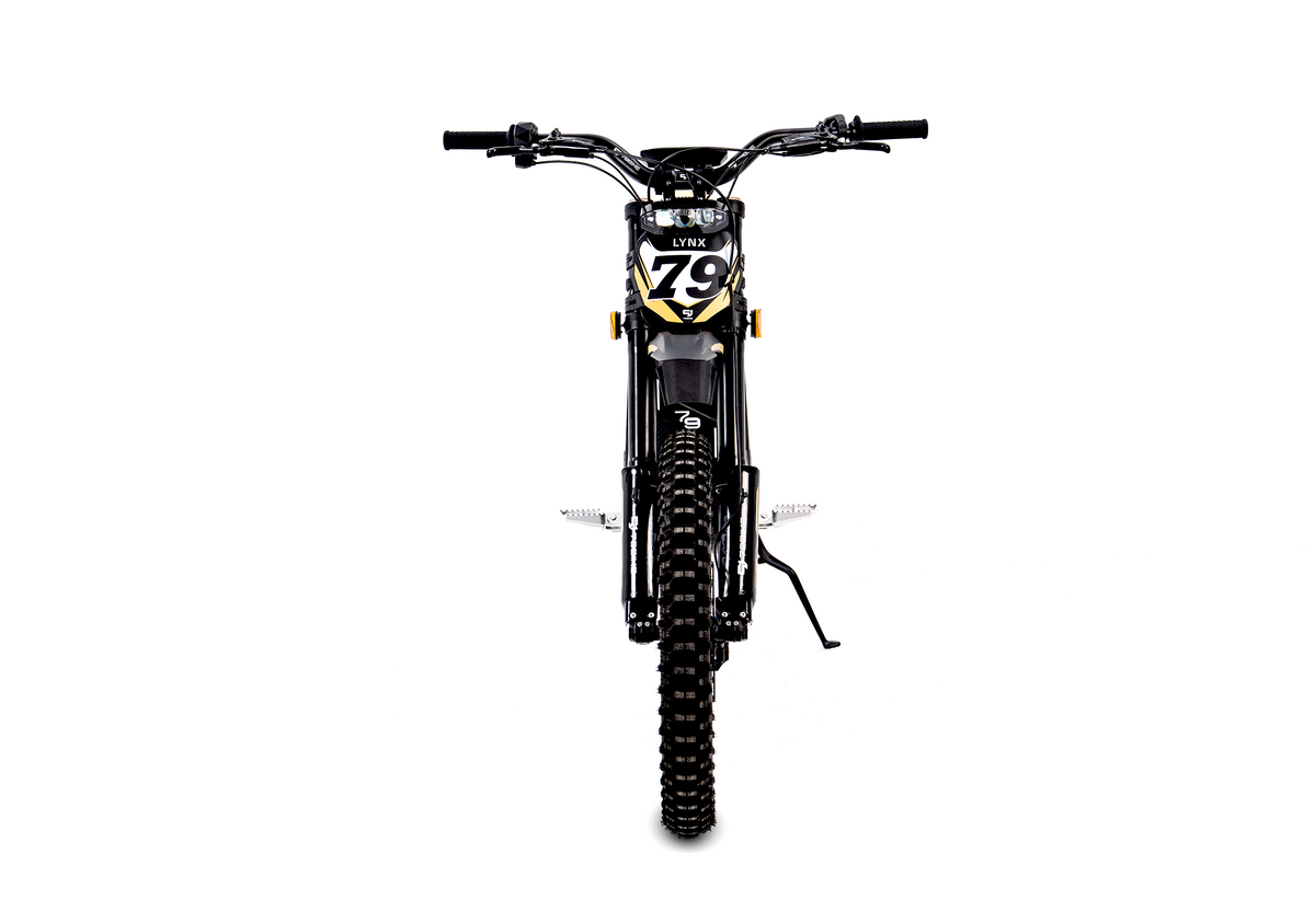 79BIKE Lynx in black and yellow, head-on front view