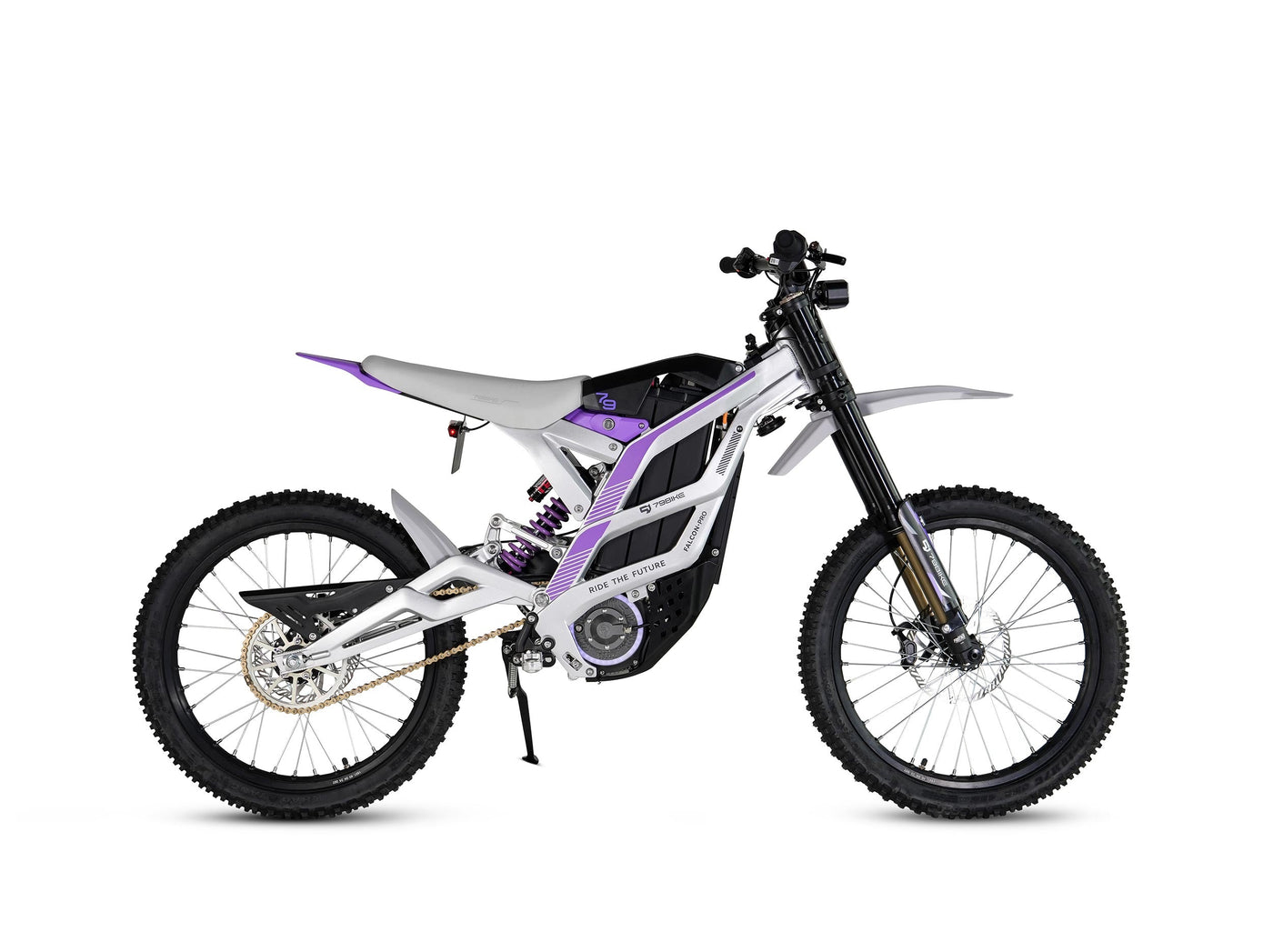 79BIKE Falcon Pro, silver frame with purple graphics, side profile