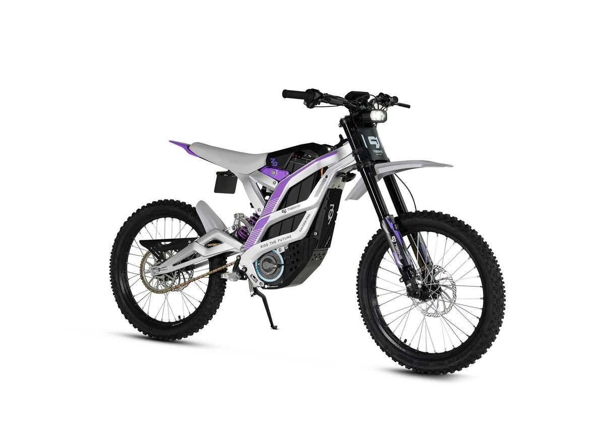 79BIKE Falcon Pro, silver frame with purple graphics, three-quarter view