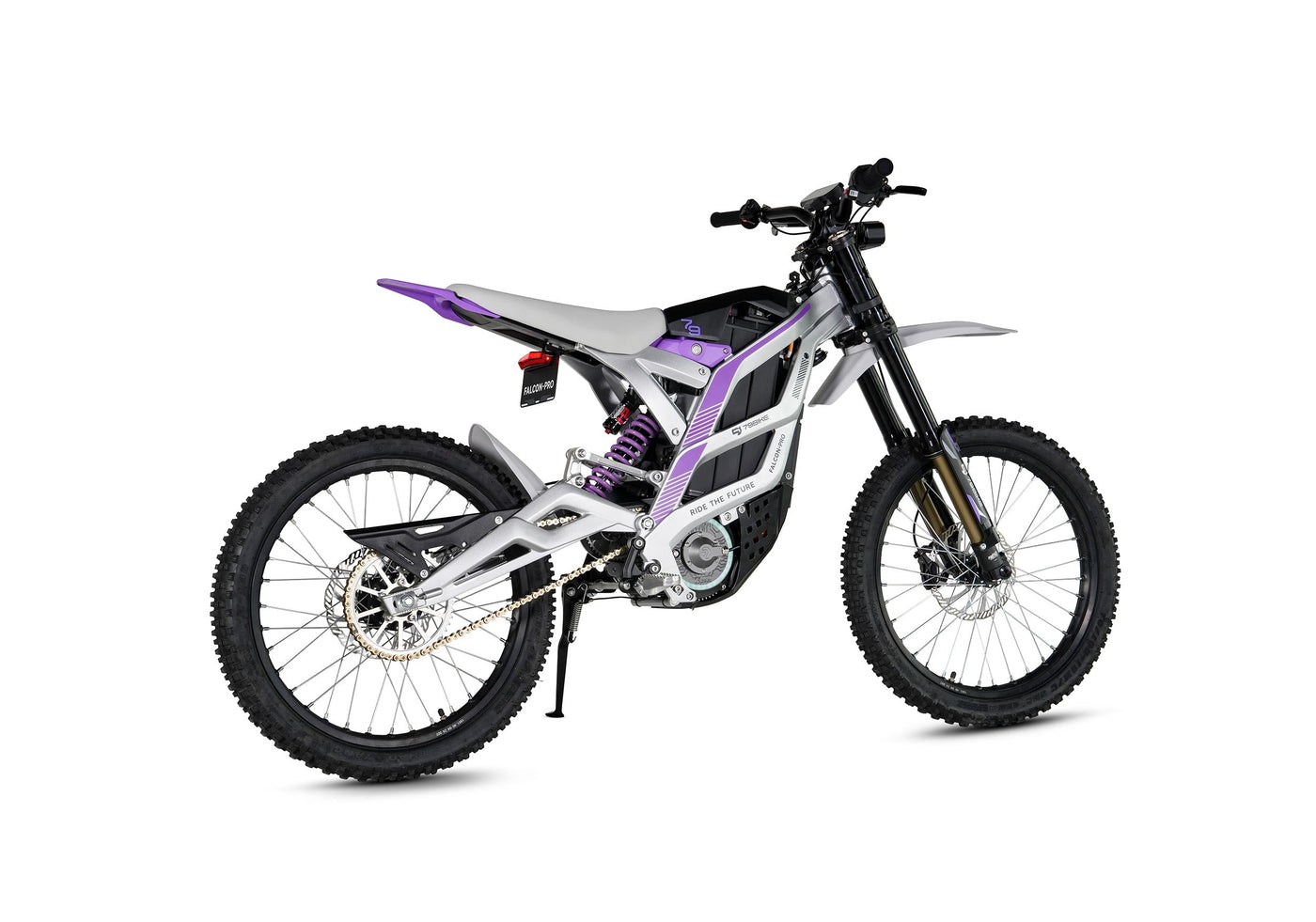 79BIKE Falcon Pro, silver frame with purple graphics, rear three-quarter view