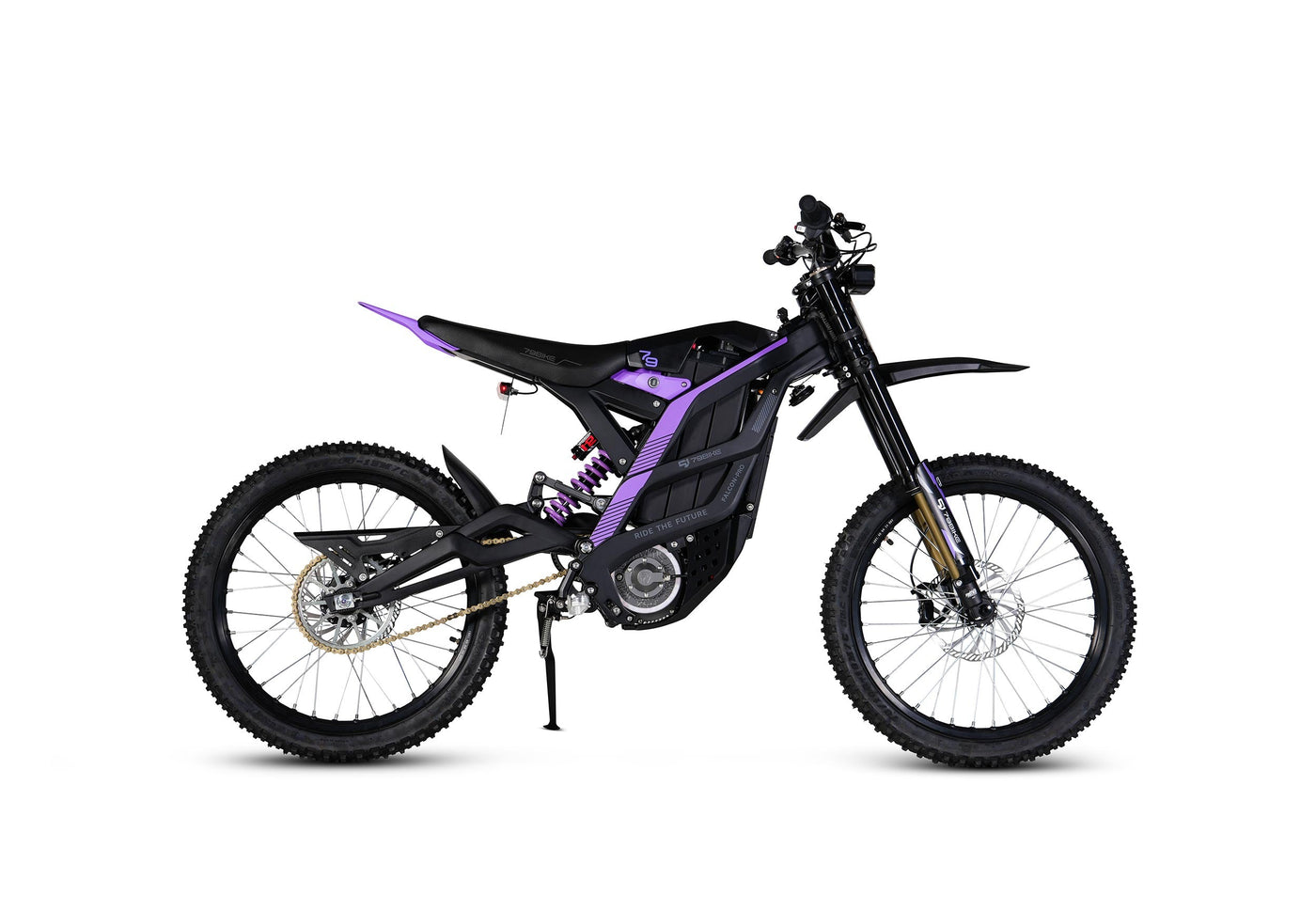79BIKE Falcon Pro, black frame with purple graphics, side profile
