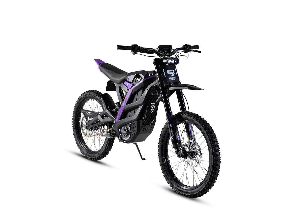 79BIKE Falcon Pro, black frame with purple graphics, rear three-quarter view