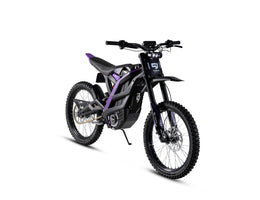 79BIKE Falcon Pro, black frame with purple graphics, rear three-quarter view