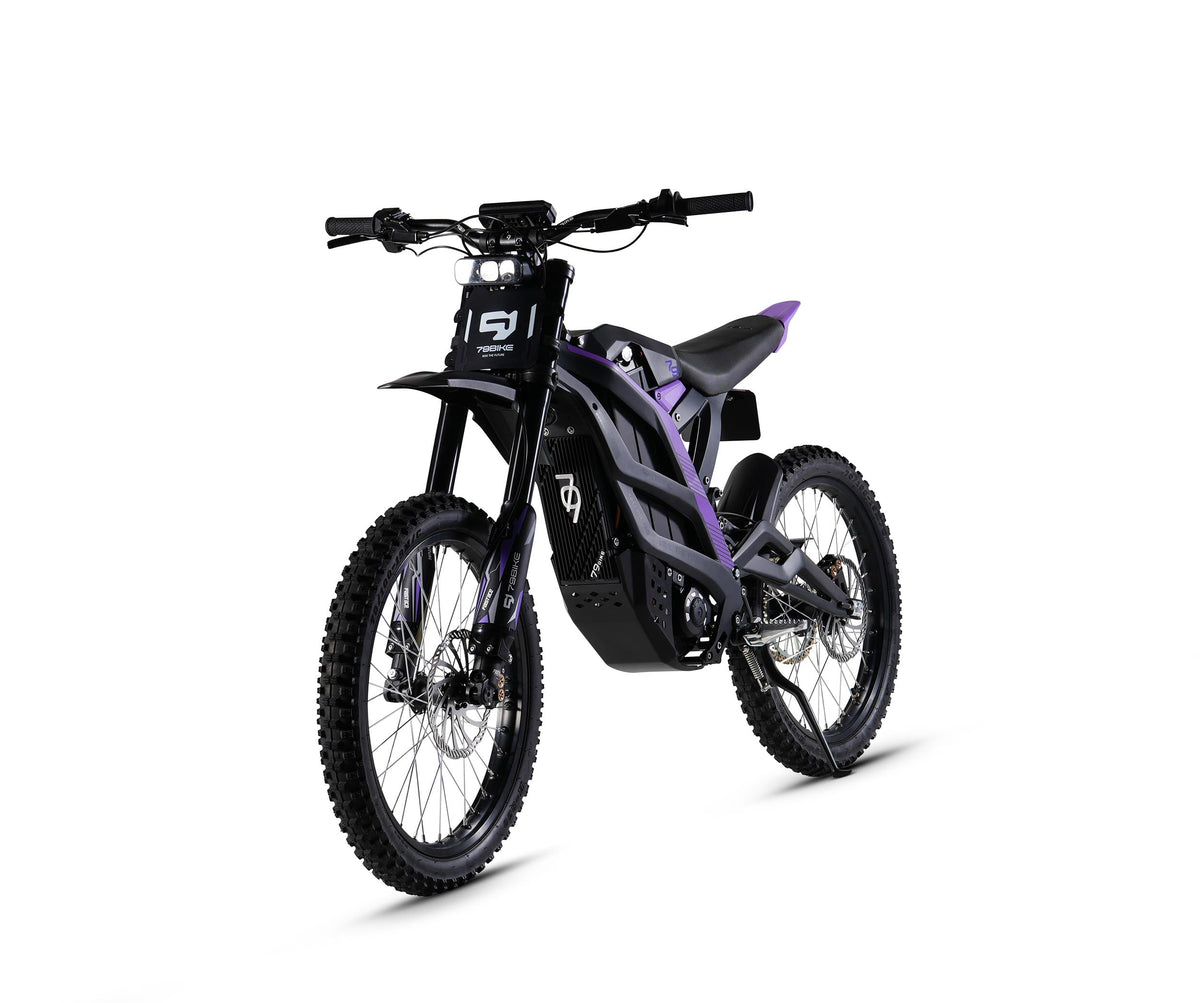 79BIKE Falcon Pro, black frame with purple graphics, front three-quarter view