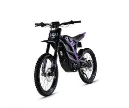79BIKE Falcon Pro, black frame with purple graphics, front three-quarter view