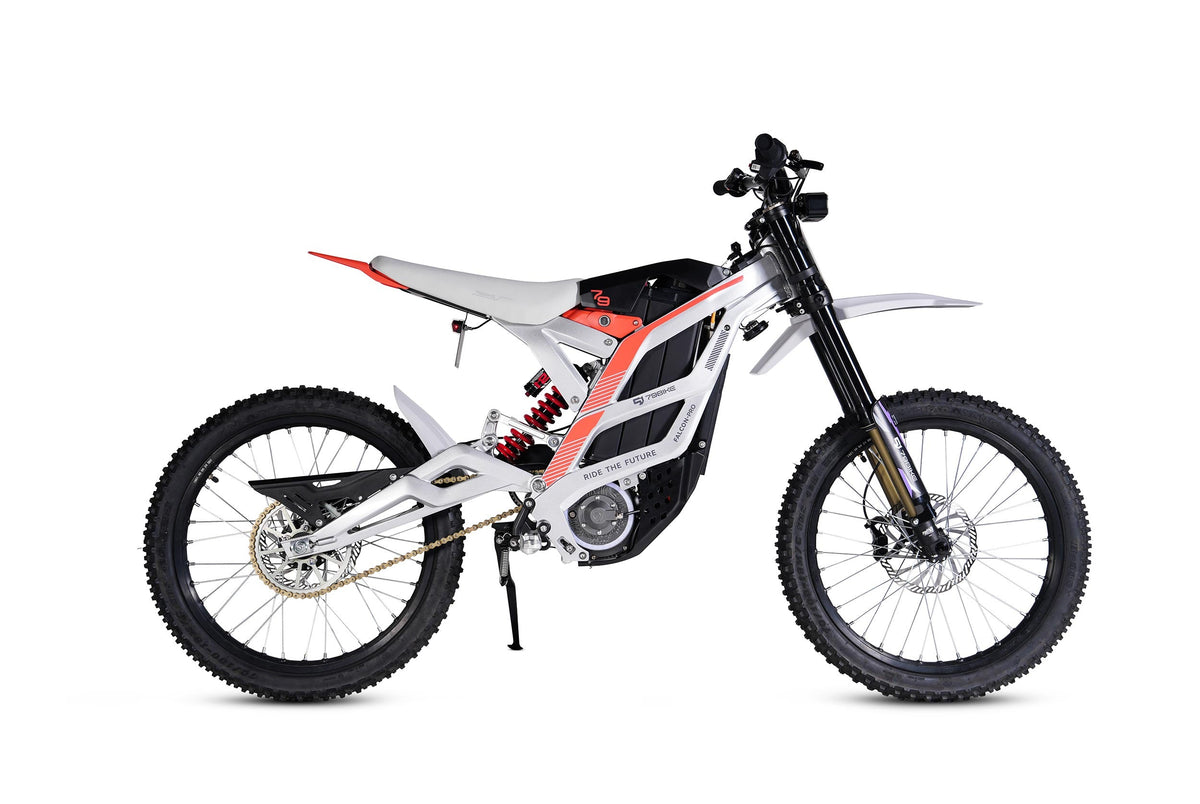 79BIKE Falcon Pro, silver frame with red graphics, three-quarter view