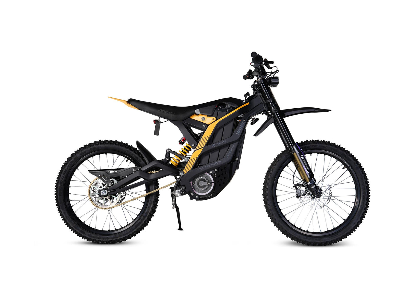 79BIKE Falcon Pro, black frame with yellow graphics, side profile