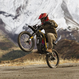 Rider in a full-face helmet on a Natkie N1 below a snowy peak