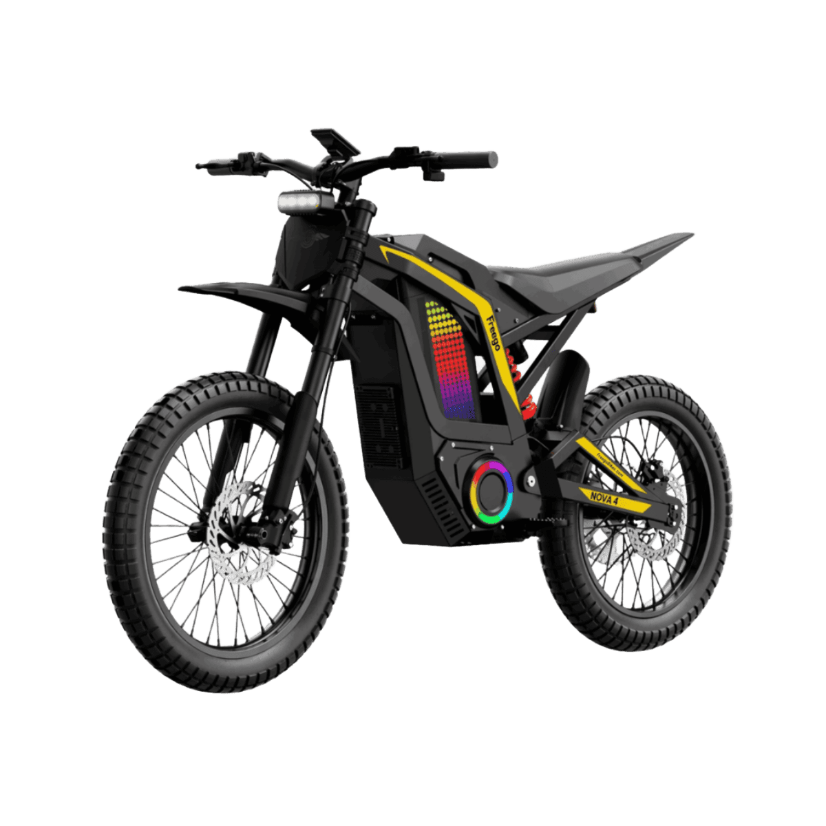 Freego Nova 4 electric dirt bike in black, front left product view