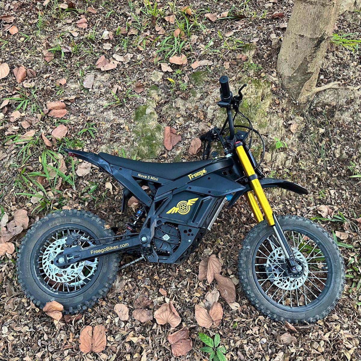 Freego Nova 5 Mini on rocky ground, showing the gold forks