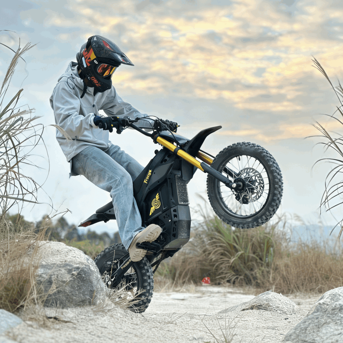 Rider in a full-face helmet on a Freego Nova 5 Mini over rocks
