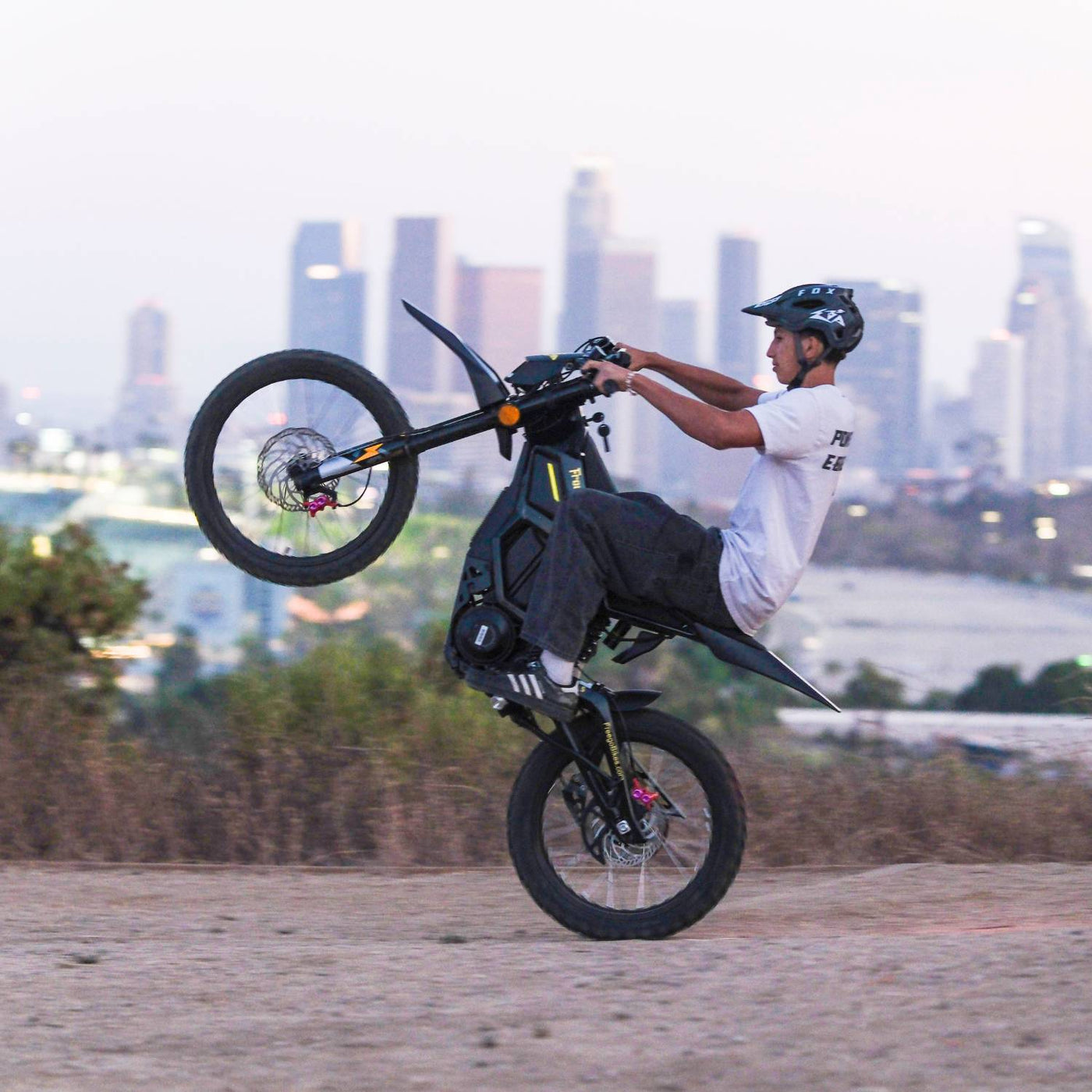 Freego Nova 5 ridden on the back wheel at an urban overlook