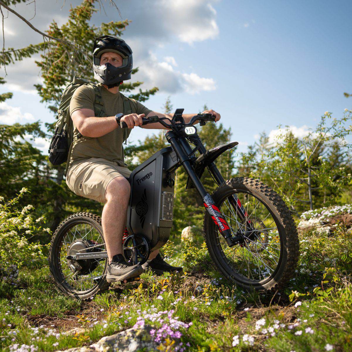 Rider on a Freego X2 Pro on a hillside above a lake