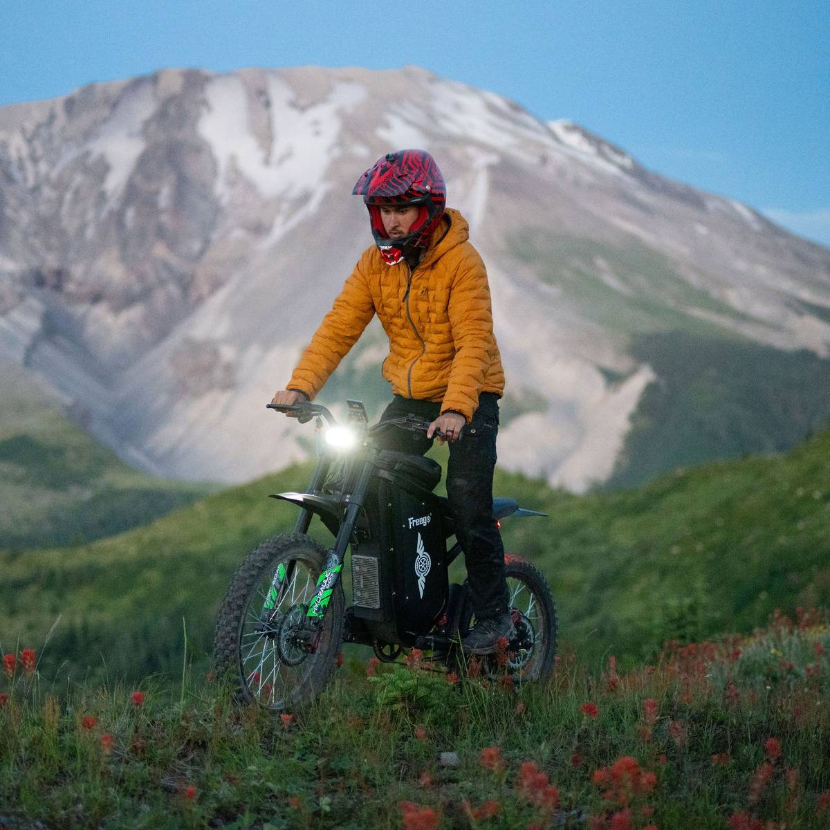 Rider in a full-face helmet on a Freego X3 below a snowy mountain