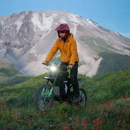 Rider in a full-face helmet on a Freego X3 below a snowy mountain
