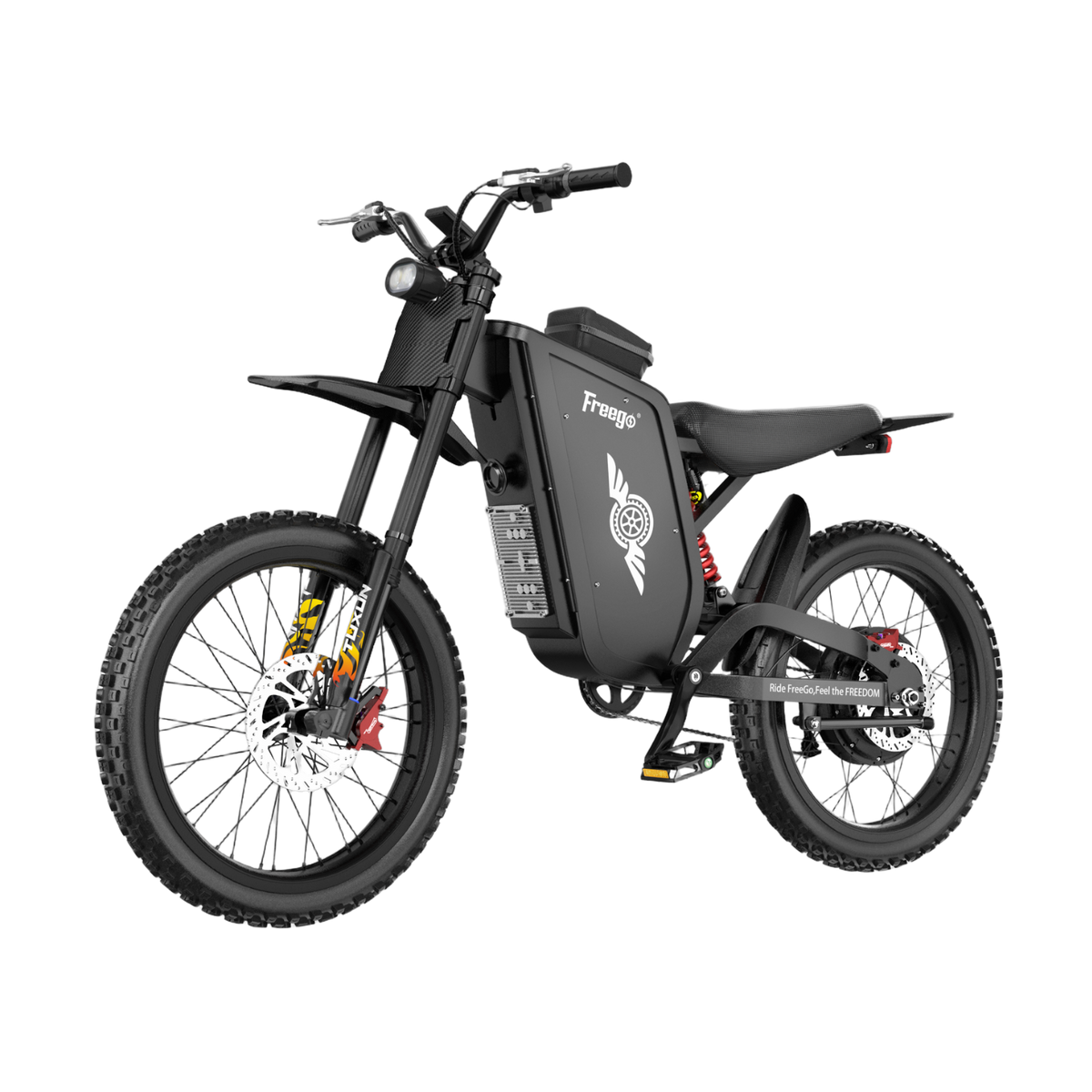Freego X3 electric dirt bike, left front product view