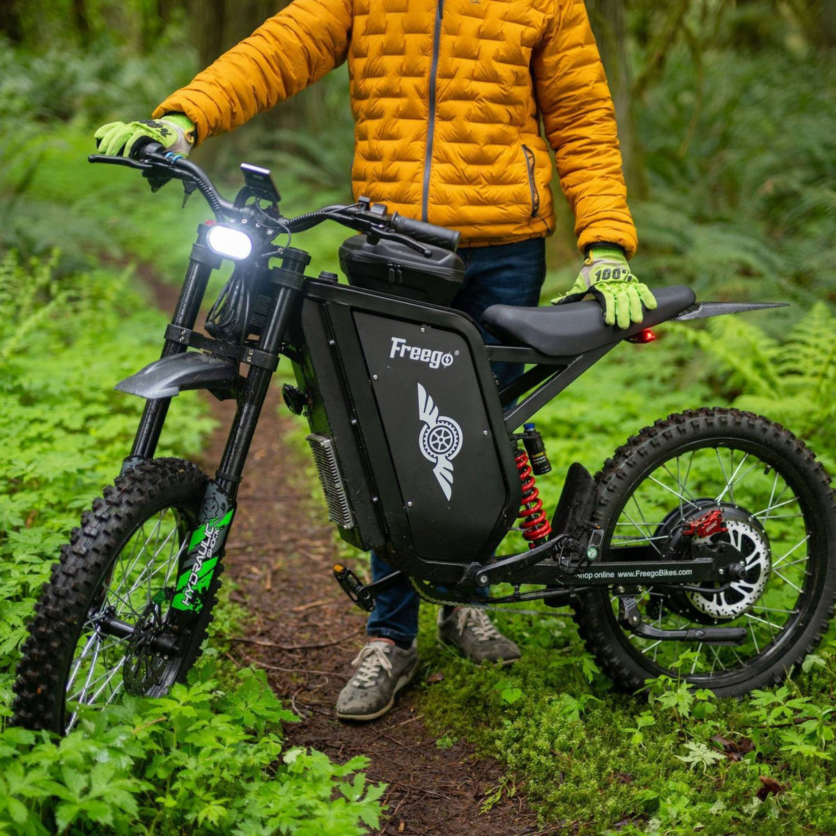 Rider walking a Freego X3 Pro along a forest trail